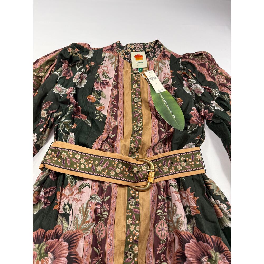 NWT FARM Rio Flowering Garden Tree Green XS Mini Dress puff sleeves ruffled hem - Picture 5 of 15